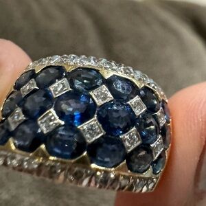 Stunning LeVian Diamond & Sapphire 18K Gold Checkerboard Band Ring